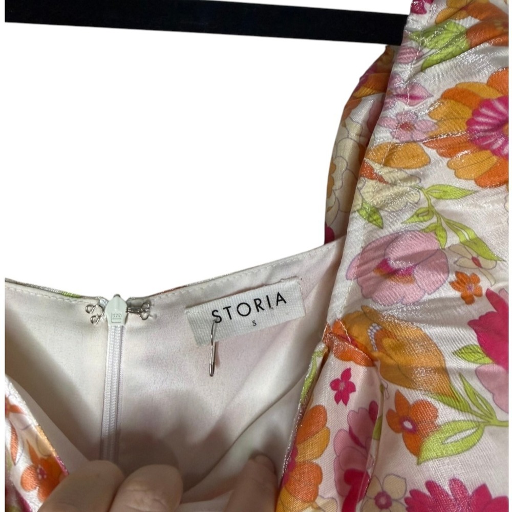Storia Floral Metallic Puff Sleeve Babydoll Mini Dress Pink Orange Small - Picture 6 of 6